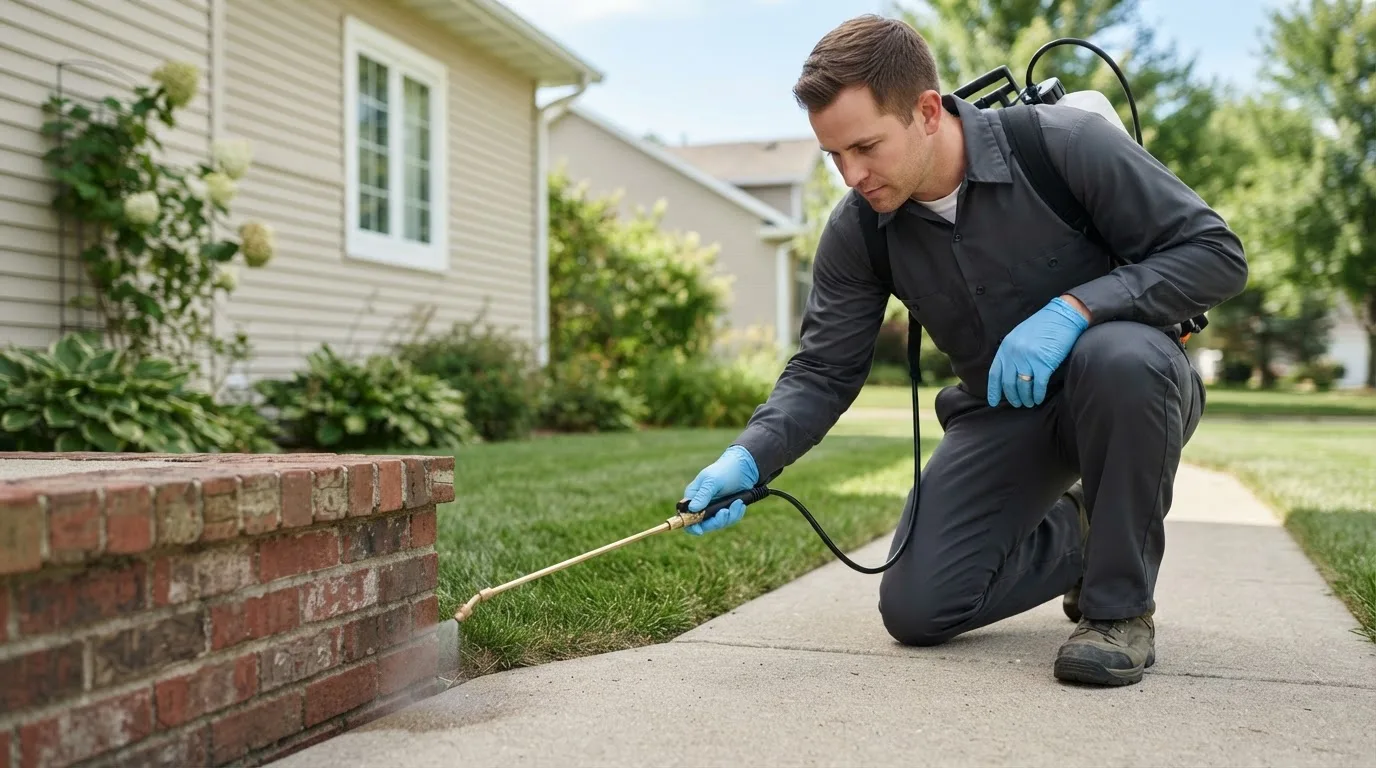 Pest control technician treating a home near South Lyon, MI